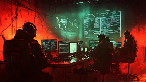 Cyber operators monitor glowing code in a war room.