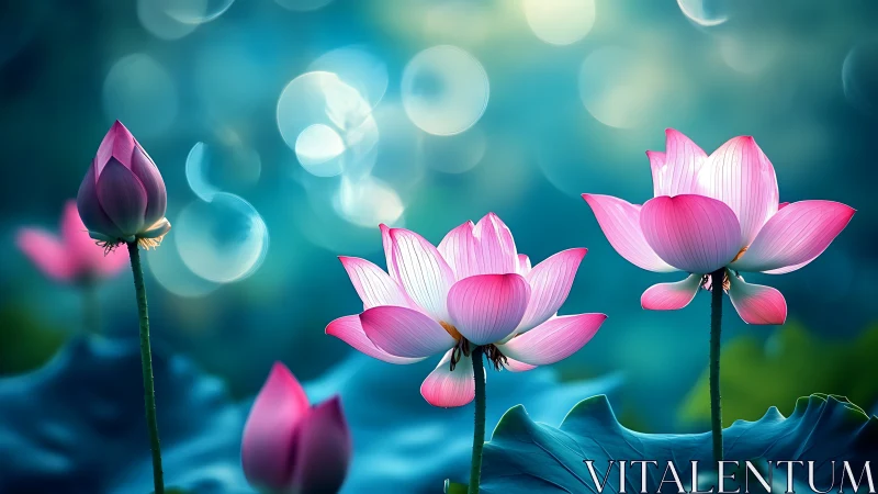 Pink Lotus Flowers Against Bokeh Turquoise Background.