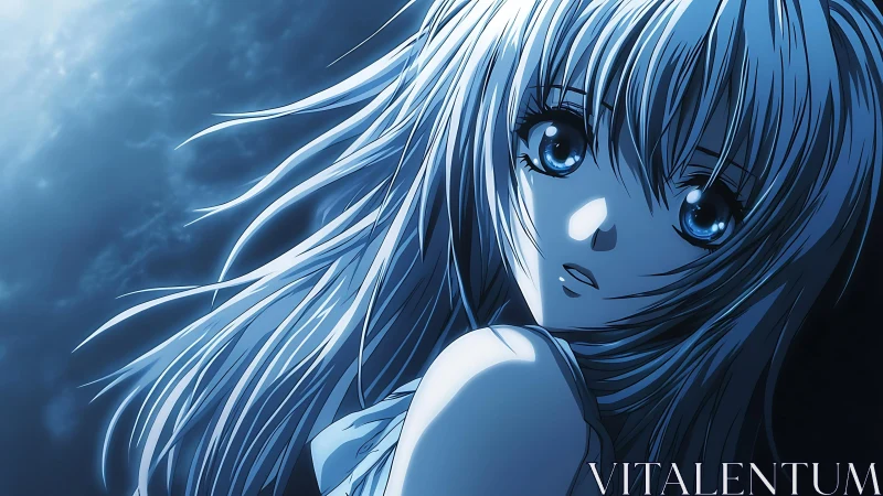 Blue monochrome anime girl with long hair at night.