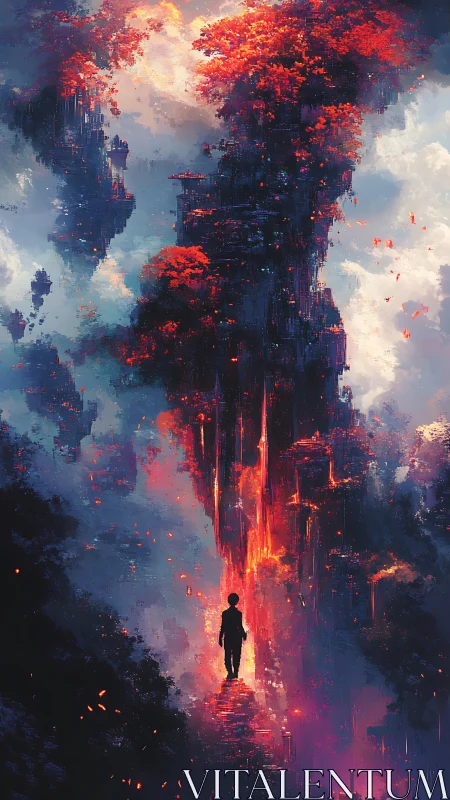 Silhouetted wanderer enters a towering fiery dreamscape.