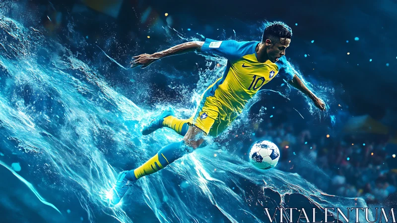 Digital render shows soccer player in mid-stride over water