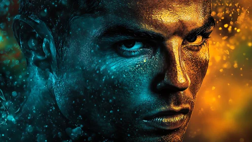 Intense male portrait split by blue and orange light.