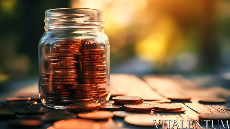 Glass jar filled with stacked coins on wooden outdoor table