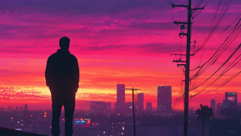Silhouetted person watching neon pink city sunset skyline