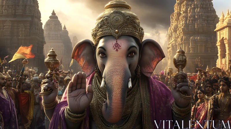 Ganesha deity stands before temple crowd during street festival