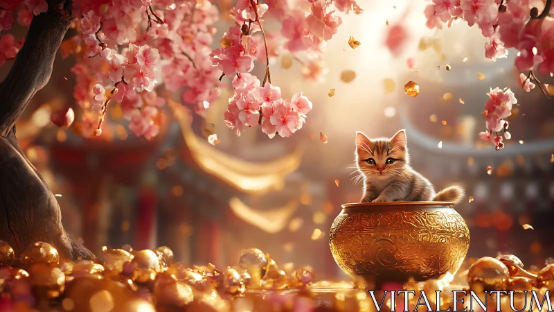 Orange kitten positioned in golden ornamental vessel amid flowering branches.