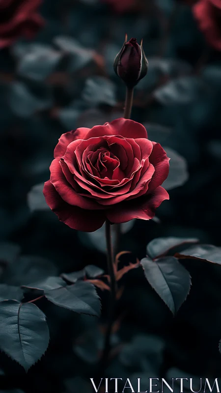 Crimson Rose Blooms Against Dark Garden backdrop.