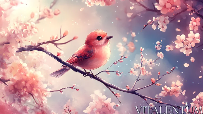Crimson Songbird Dances Among Blossoming Cherry Dreams.