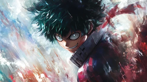 Energetic anime hero amid turbulent chromatic brushfields.