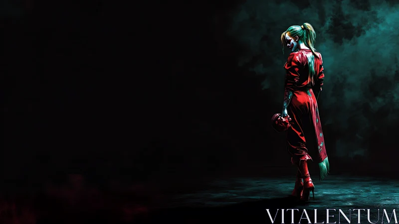 Cinematic female figure in red coat against teal smoke field