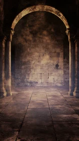 Ancient stone archway opens onto a misty, dim chamber.