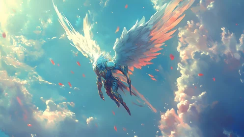 Armored seraphic warrior descending through luminous sky