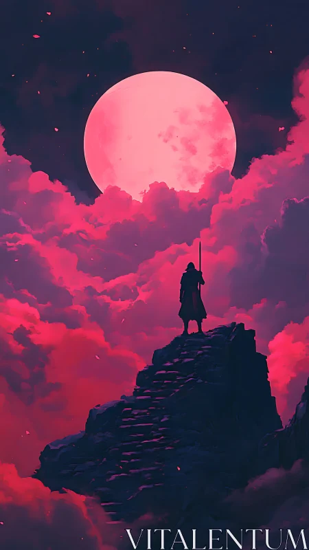 Moonlit wanderer crowns a crimson staircase of drifting cloud