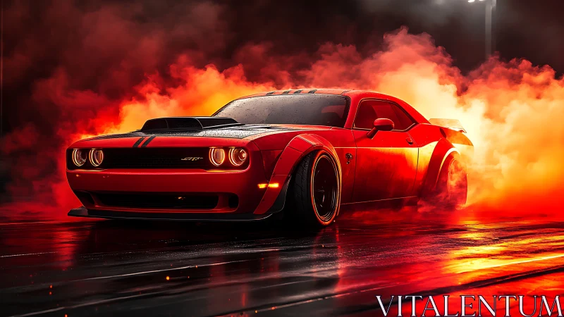 Red muscle car drifting through neon smoke at night.