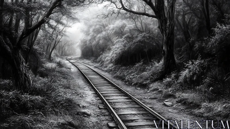 Railway track curving through dense monochrome forest corridor.