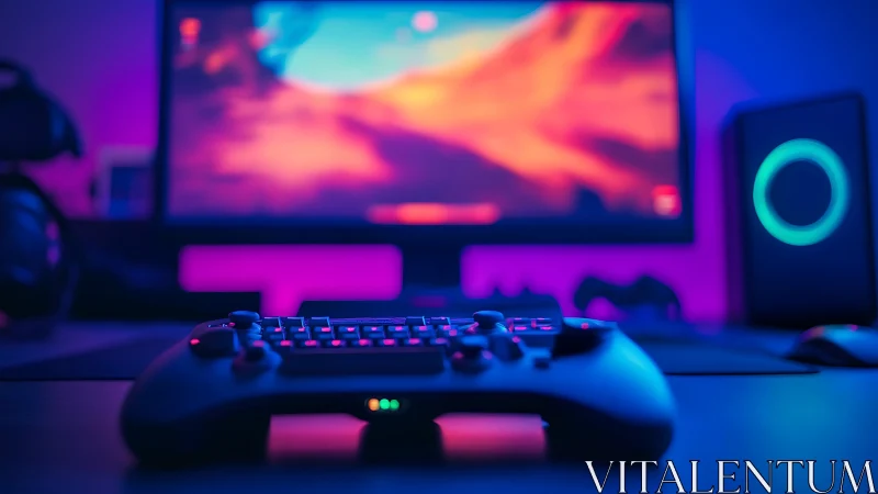 Neon-night gamepad altar beneath a blazing fantasy screen.