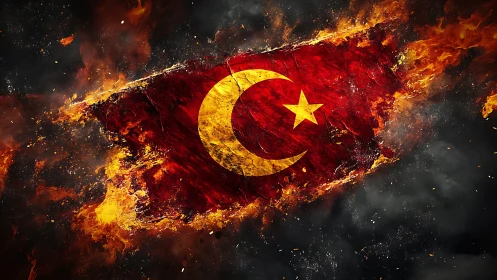Burning Turkish flag rendered with high-contrast fire and smoke dynamics