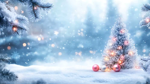 Snow covered Christmas tree glows beside pastel ornaments