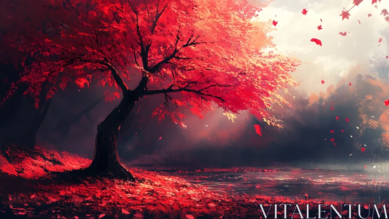 Crimson autumn tree over misty forest pond at dawn.