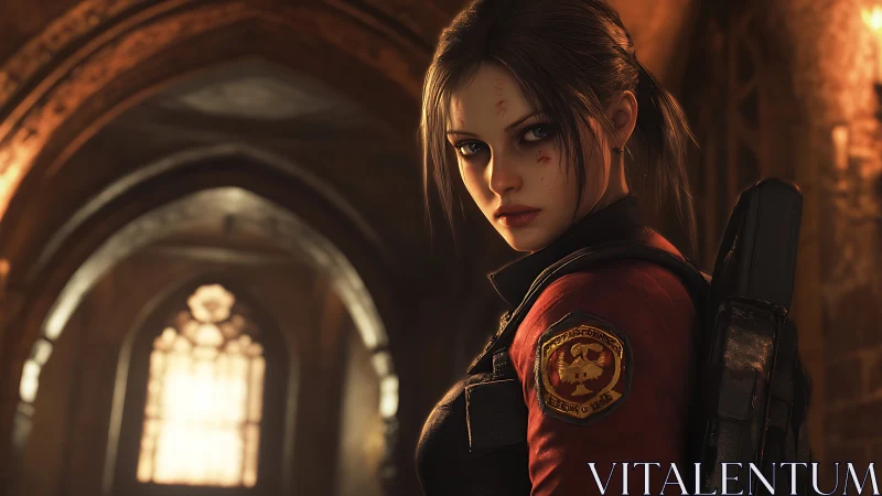 Battle-scarred heroine stalks shadows of a burning cathedral.