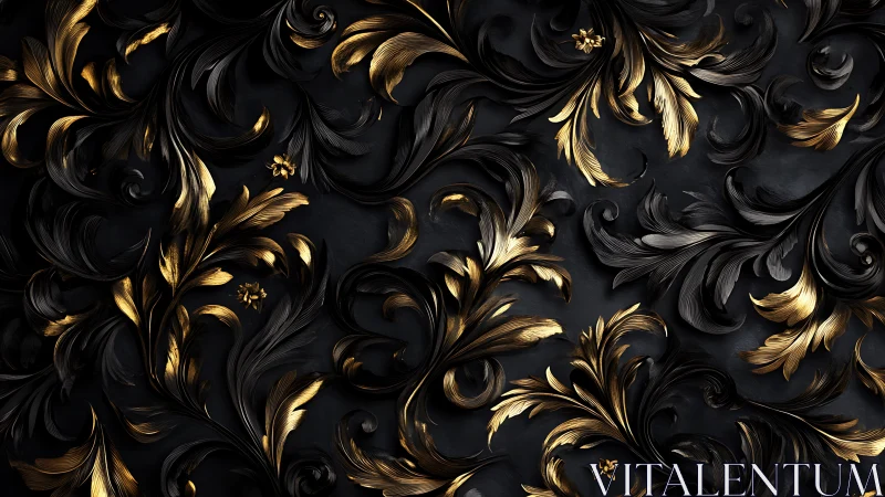 Golden baroque leaves dancing over deep charcoal swirls.