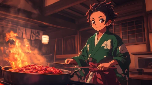 Anime boy cooks flaming stir fry in warm wooden kitchen.