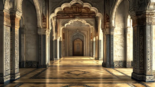 Sunlit arches of a quiet palace corridor in soft gold tones.
