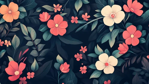 Floral Pattern with Coral and Cream Flowers on Dark Background.
