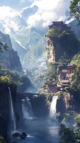 Mountain temples overlook misty waterfalls and deep valley.