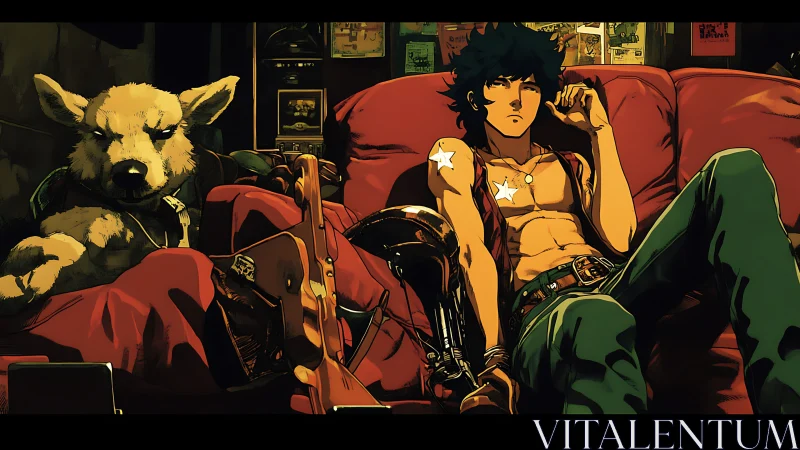 Reclining bounty hunter rests with cyber dog on red sofa.