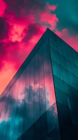 Glass tower cuts neon sky with mirrored storm clouds.