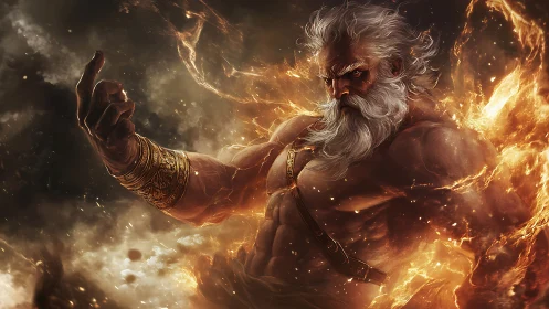 Elderly muscular figure amid swirling fire and smoke.