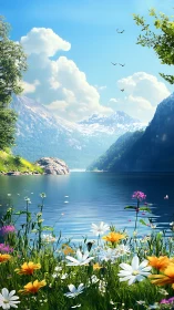 Mountain lake meadow under crisp blue summer sky.