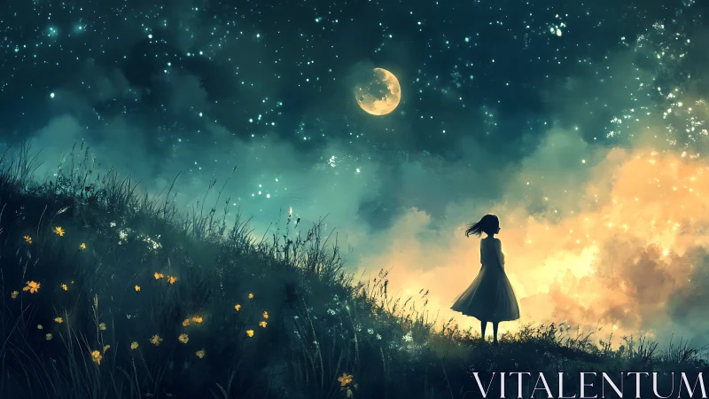 Girl in white dress gazes at a glowing moonlit sky