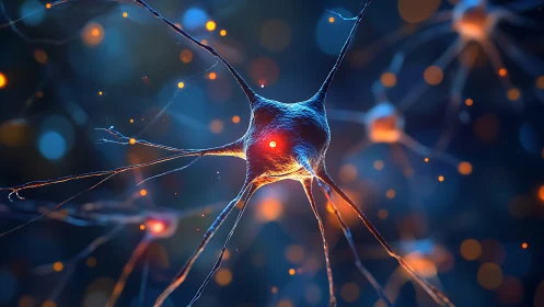 Luminous neuron glows in a cosmic, sci‑fi neural network space
