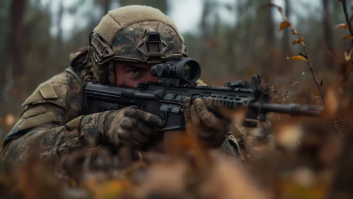 Camouflaged soldier aims rifle through autumn forest undergrowth.