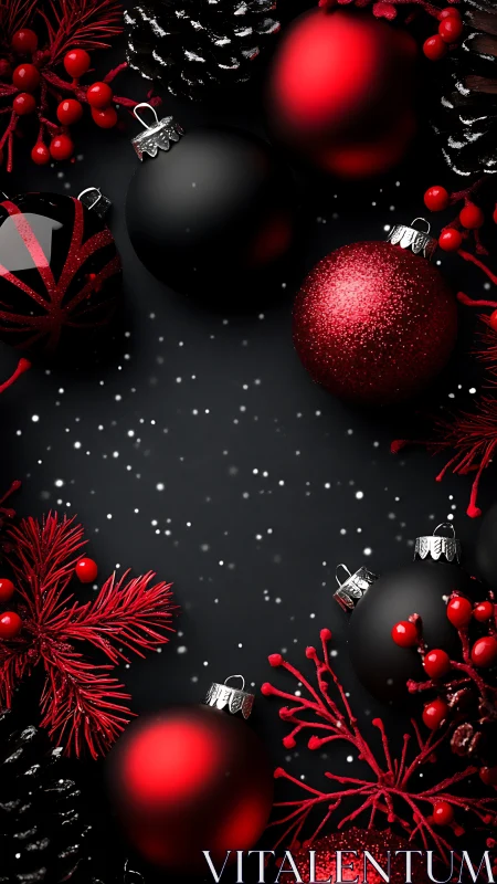 Red and black Christmas ornaments on dark background.
