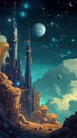 Starlit cliffside city rises calmly beneath distant moons