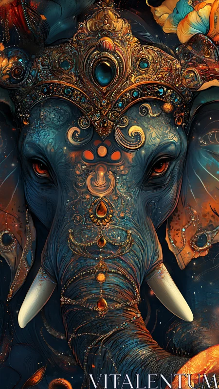 Elephant head is depicted with ornate jeweled ceremonial adornment