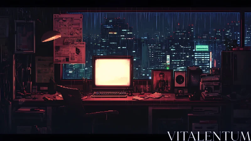 Rain-soaked neon city framed by a lone glowing terminal.