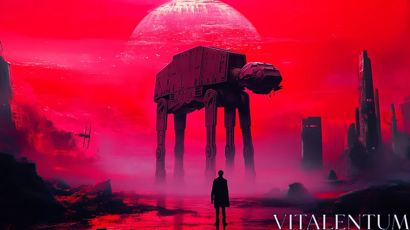 Colossal walker dominates neon red alien battlefield.