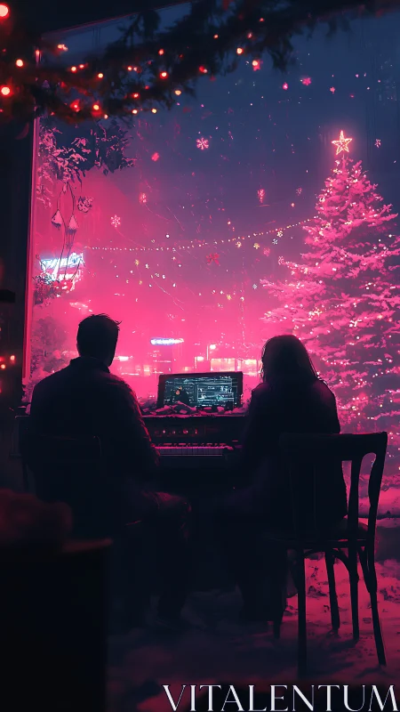 Two musicians share a neon Christmas piano duet at dusk