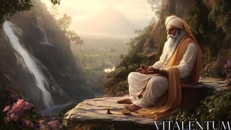 Gentle sage in golden mountain sunrise, resting in stillness.