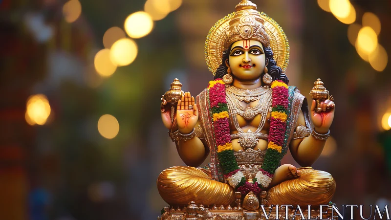 Golden Hindu deity statue glows against blurred festive lights
