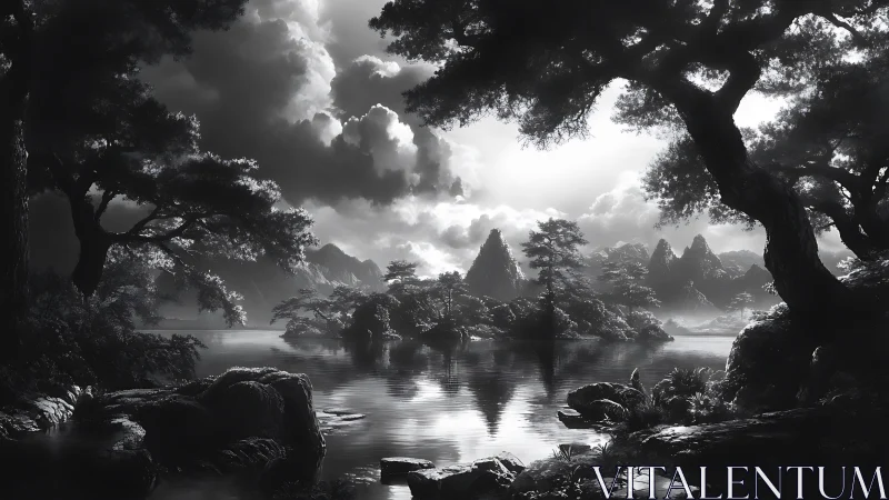 Monochrome mountain lake landscape with dramatic cloudbank