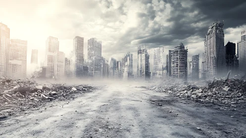 Ruined skyscraper city skyline and deserted rubble road.