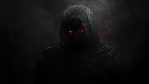 Hooded dark figure with red glowing eyes in heavy shadow.