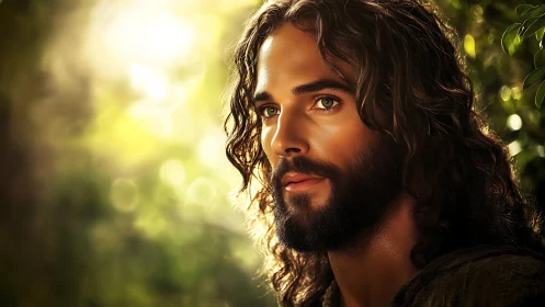 Photorealistic bearded man in golden forest bokeh lighting.