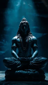 Divine blue-lit meditative deity statue in serene stillness.