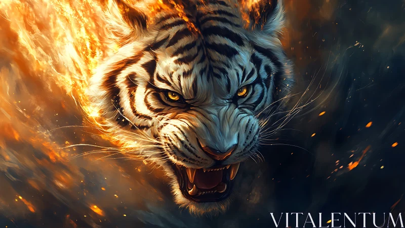 Infernal white tiger lunging through swirling firestorm.